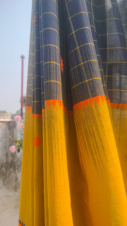 Roudro-Neel-Harit – Multi-colour Dhonekhali Handloom Cotton Saree