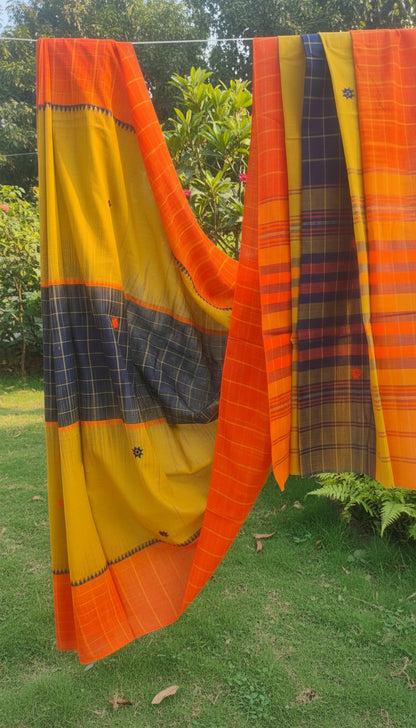 Roudro-Neel-Harit – Multi-colour Dhonekhali Handloom Cotton Saree