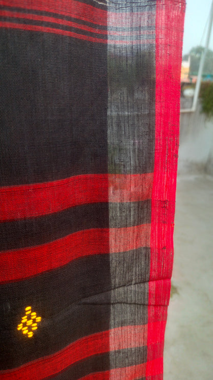 Black handloom saree, Dhonekhali cotton with ikat accents
