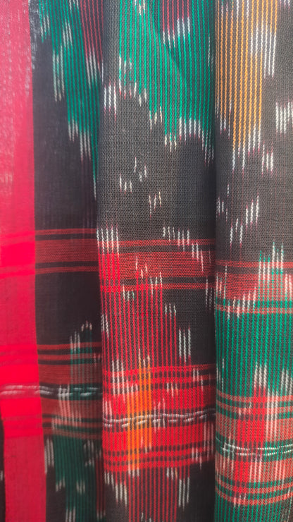 Black handloom saree, Dhonekhali cotton with ikat accents