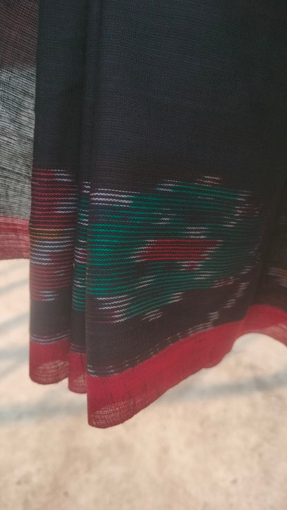 Black handloom saree, Dhonekhali cotton with ikat accents