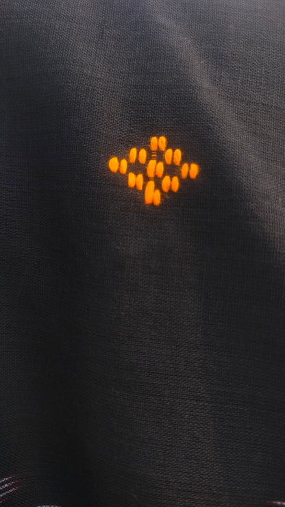 Black handloom saree, Dhonekhali cotton with ikat accents