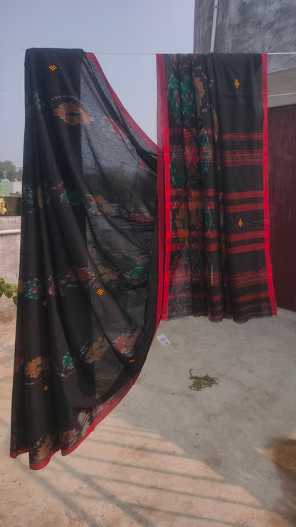 Black handloom saree, Dhonekhali cotton with ikat accents