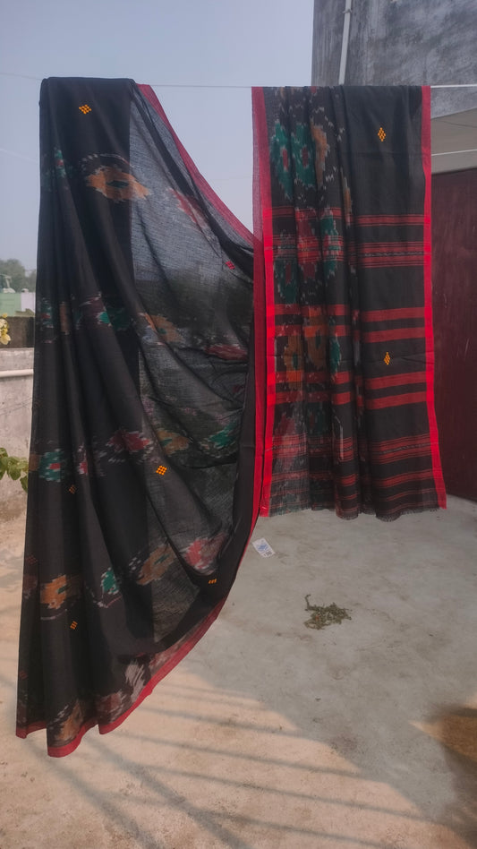 Nishith Rekha – Black Dhonekhali Handloom Cotton Saree with Ikat Accent