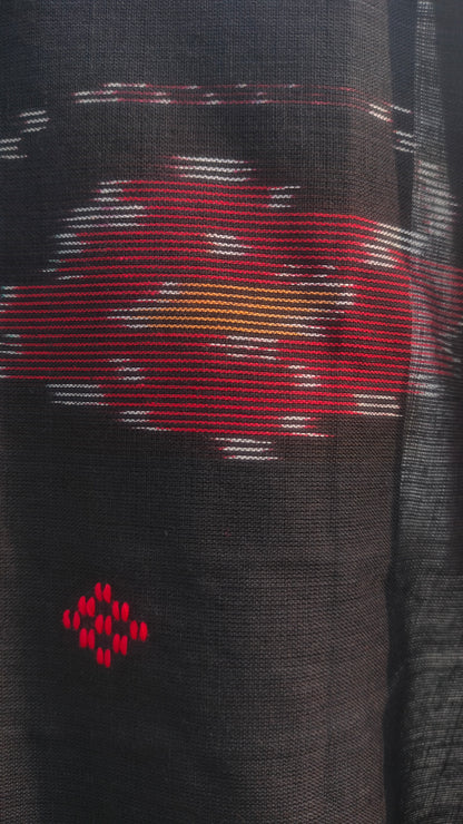Black handloom saree, Dhonekhali cotton with ikat accents
