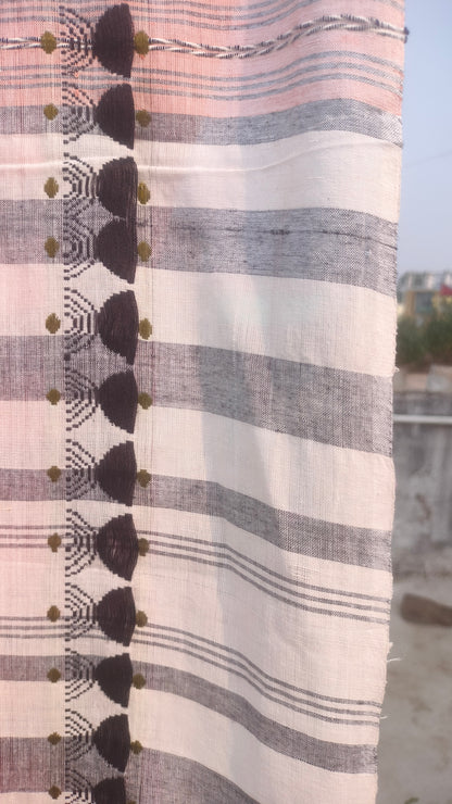 Peach handloom cotton saree with black woven motifs, Dhonekhali weave, Bengal saree