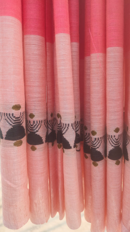 Peach handloom cotton saree with black woven motifs, Dhonekhali weave, Bengal saree