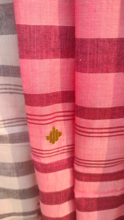 Peach handloom cotton saree with black and green woven motifs, Dhonekhali weave, Bengal saree