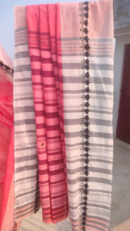 Peach handloom cotton saree with black woven motifs, Dhonekhali weave, Bengal saree