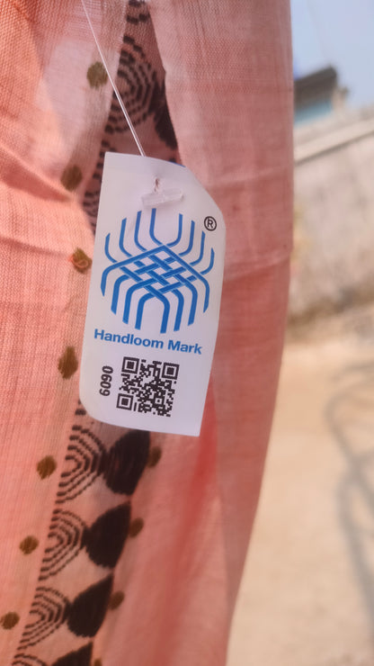 Handloom mark on Peach handloom cotton saree with black woven motifs, Dhonekhali weave, Bengal saree