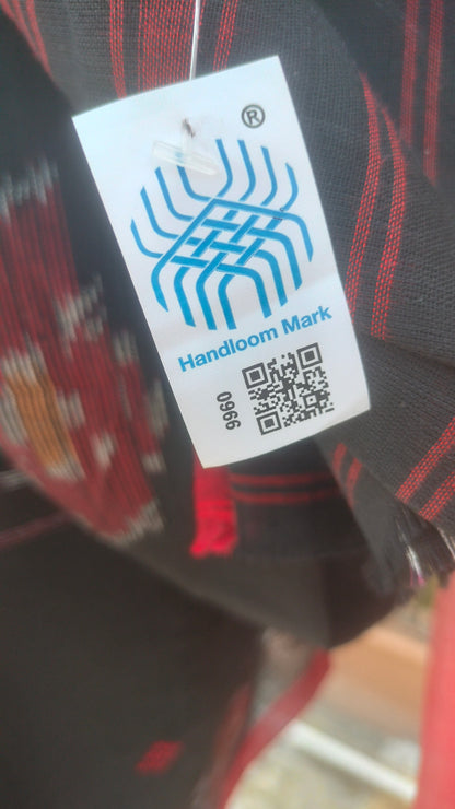 Handloom mark on Black handloom saree, Dhonekhali cotton with ikat accents