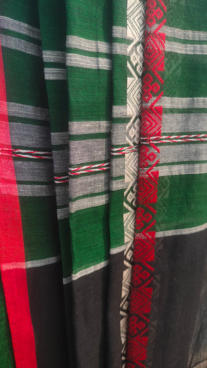 Green saree, handloom cotton, Dhonekhali weave, with red and white woven motifs across the saree