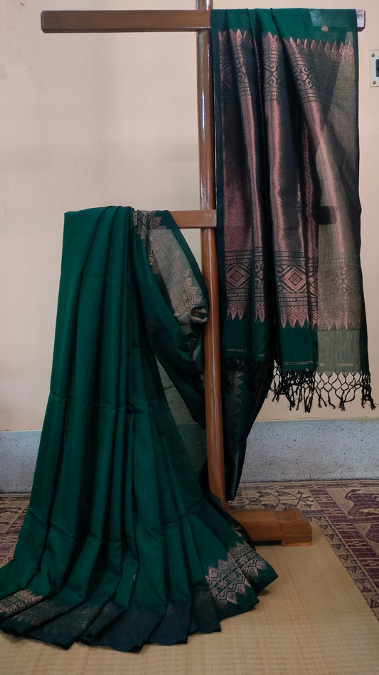 Green saree, mercerized cotton saree, with copper zari work, Bengal handloom