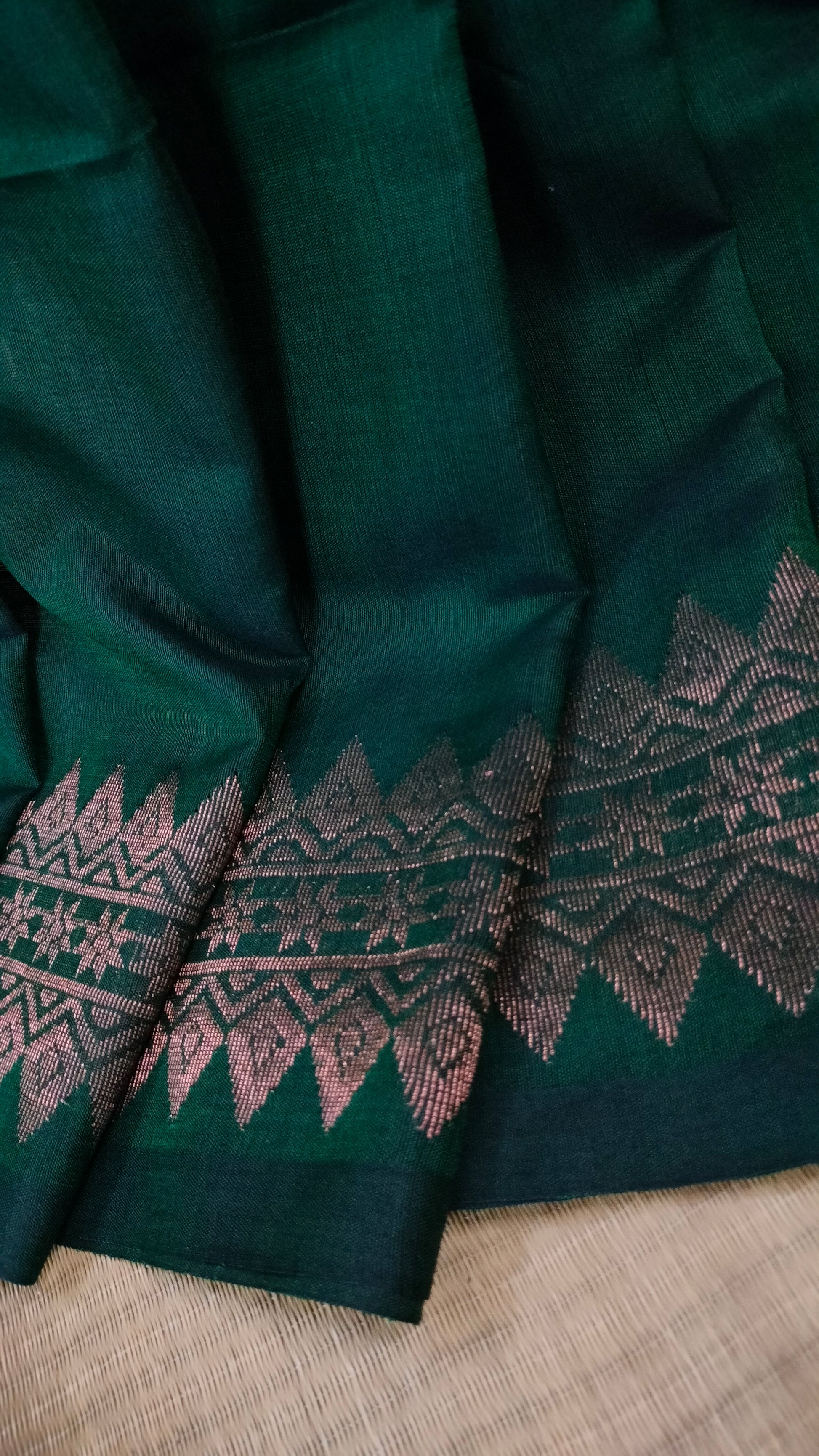Green saree, mercerized cotton saree, with copper zari work, Bengal handloom