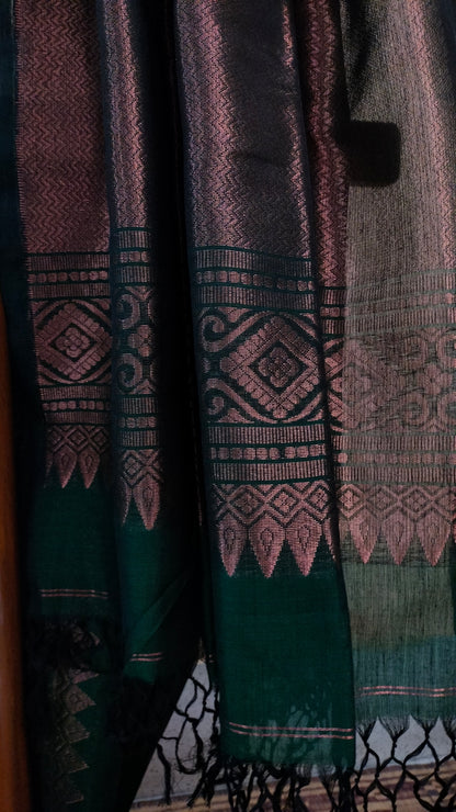 Green saree, mercerized cotton saree, with copper zari work, Bengal handloom