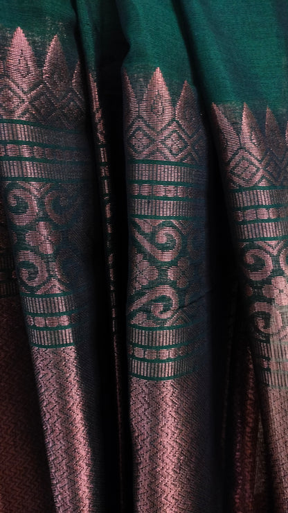 Green saree, mercerized cotton saree, with copper zari work, Bengal handloom