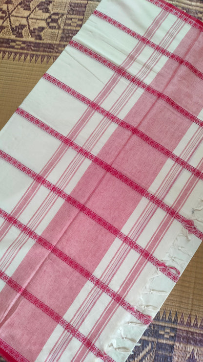 Red and white cotton saree. Lightweight, breathable handloom cotton saree, with multiple woven motifs bands running horizontally across the body till the pallu. Perfect for casual everyday wear and festive occasion.
