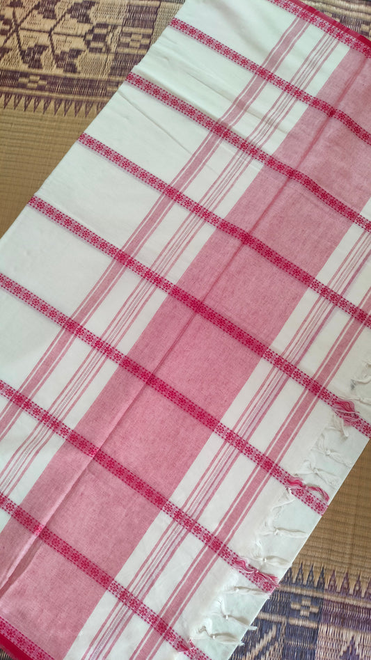 Red and white cotton saree. Lightweight, breathable handloom cotton saree, with multiple woven motifs bands running horizontally across the body till the pallu. Perfect for casual everyday wear and festive occasion.