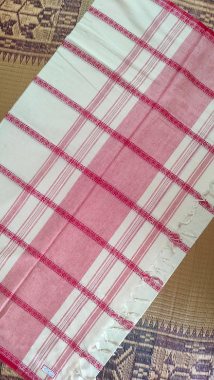 Red and white cotton saree. Lightweight, breathable handloom cotton saree, with multiple woven motifs bands running horizontally across the body till the pallu. Perfect for casual everyday wear and festive occasion.