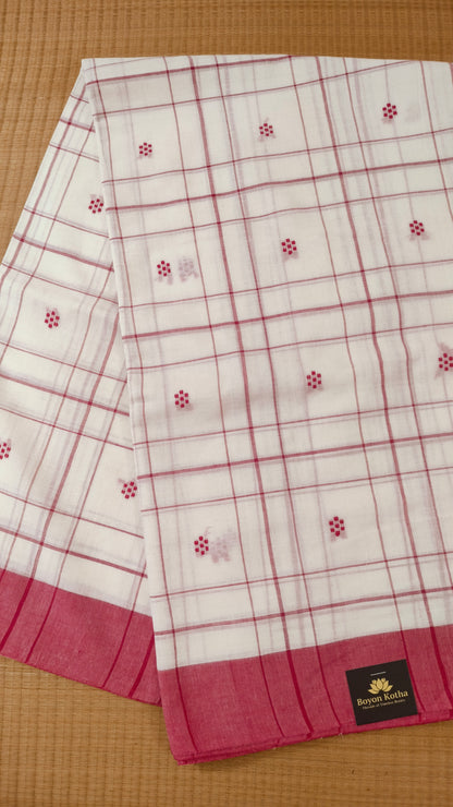 Red and white handloom cotton saree with woven checks and motifs. Dhonekhali cotton from Bengal handloom. 