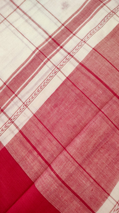 Red and white handloom cotton saree with woven checks and motifs. Dhonekhali cotton from Bengal handloom. 