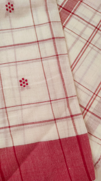 Red and white handloom cotton saree with woven checks and motifs. Dhonekhali cotton from Bengal handloom. 
