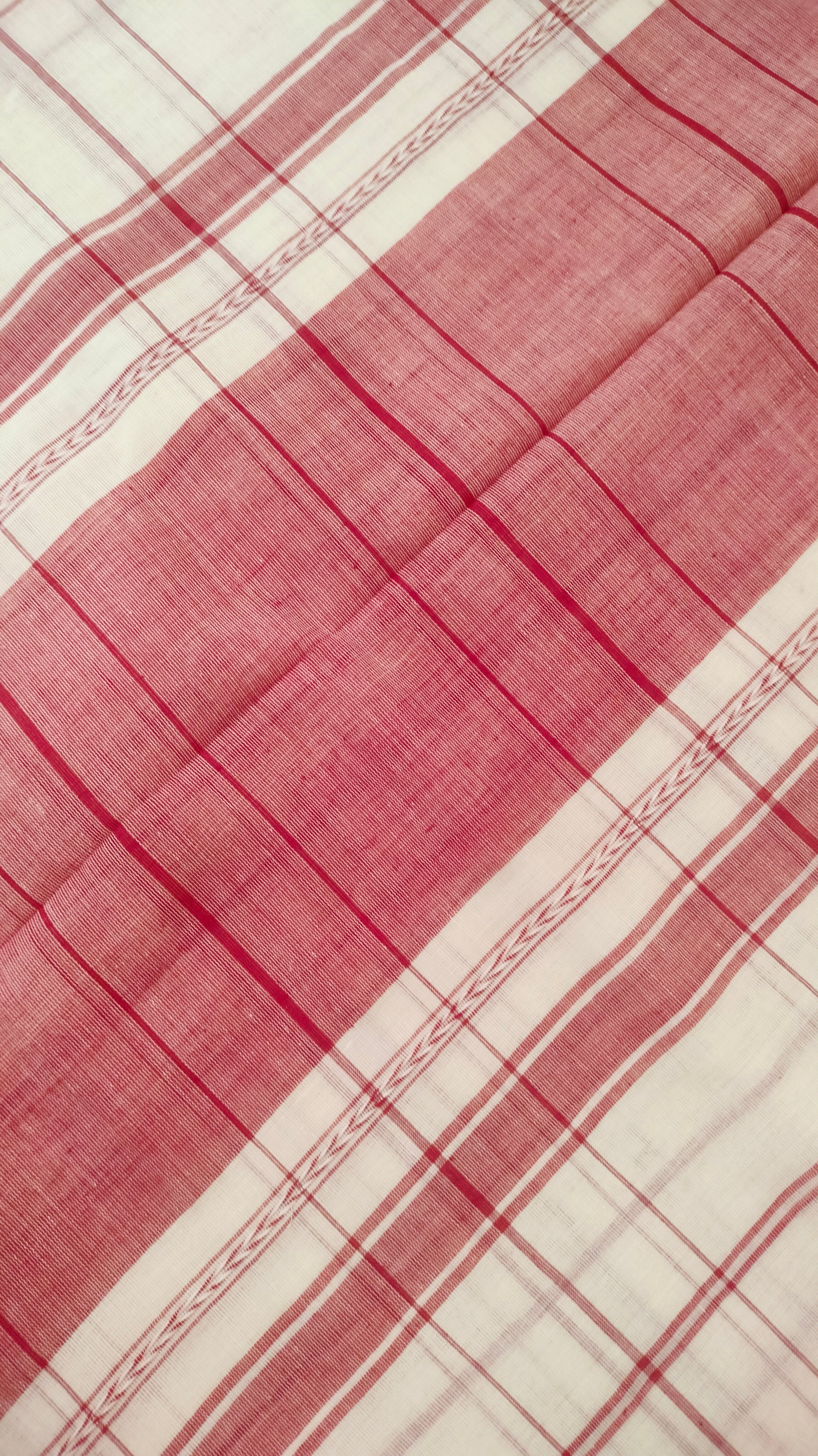 Red and white handloom cotton saree with woven checks and motifs. Dhonekhali cotton from Bengal handloom. 