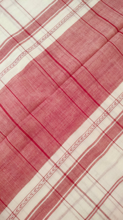 Red and white handloom cotton saree with woven checks and motifs. Dhonekhali cotton from Bengal handloom. 