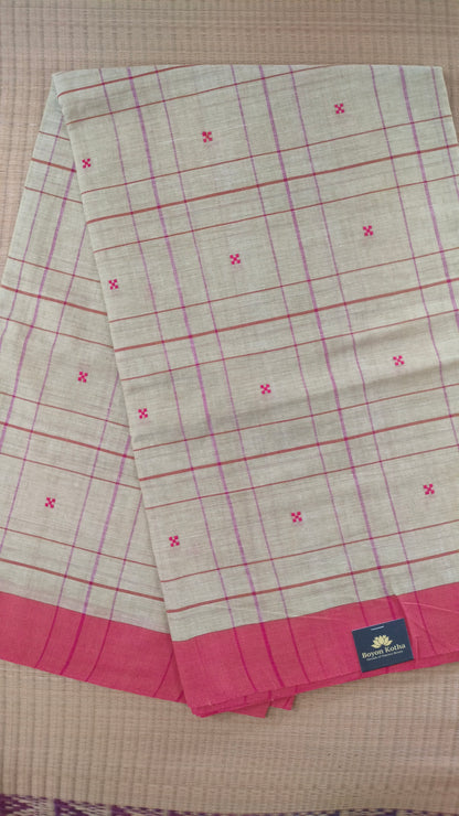 Beige and red Dhonekhali handloom cotton saree with woven red stripes and motifs throughout the saree. Bengal handloom cotton.