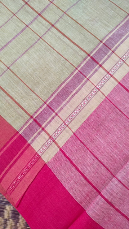 Beige and red Dhonekhali handloom cotton saree with woven red stripes and motifs throughout the saree. Bengal handloom cotton.