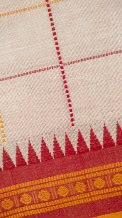 Close-up of Off-white Dhonekhali handloom cotton saree with woven red and yellow check patterns throughout the body. Ideal for festive, semi-festive gatherings and refined everyday wear.