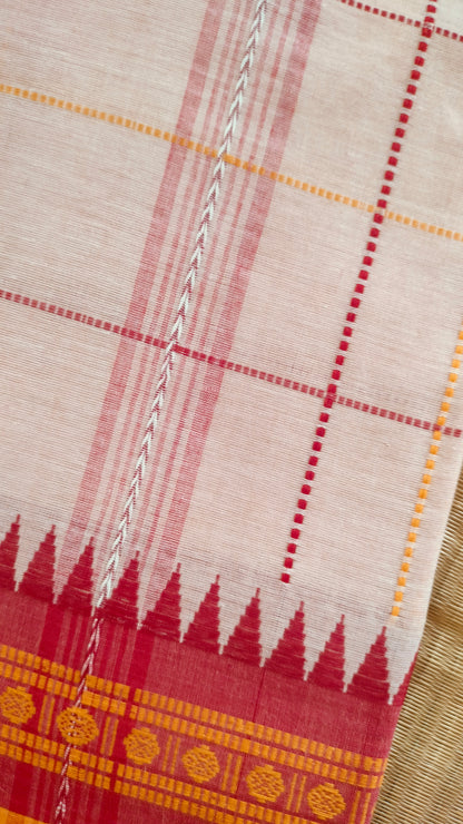 Close-up of Off-white Dhonekhali handloom cotton saree with woven red and yellow check patterns throughout the body. Ideal for festive, semi-festive gatherings and refined everyday wear.