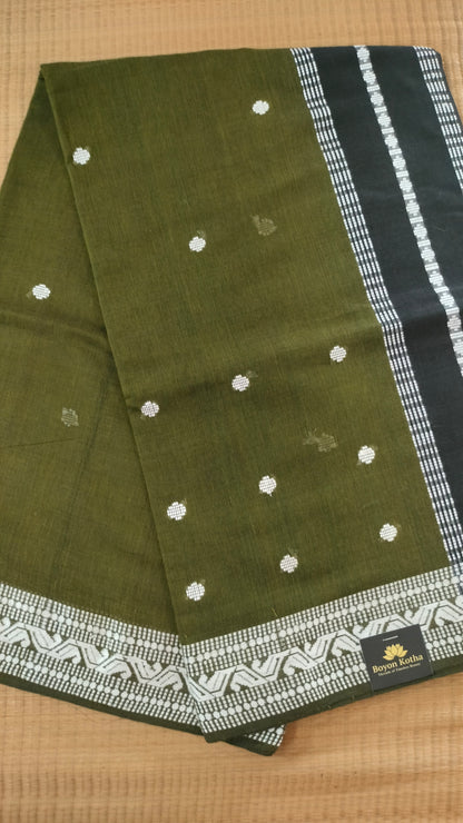 Olive Green Dhonekhali handloom cotton saree with woven white motifs across the body and the border with a black pallu that has woven white vertical stripes.