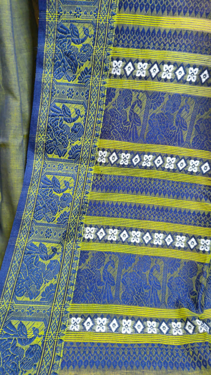 Dual toned green-blue cotton baluchari saree, with woven motifs in the border & pallu in navy blue. Bengal handloom ideal for festivals & everyday celebrations.