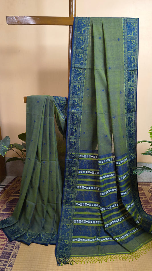 Dual toned green-blue cotton baluchari saree, with woven motifs in the border & pallu in navy blue. Bengal handloom ideal for festivals & everyday celebrations.