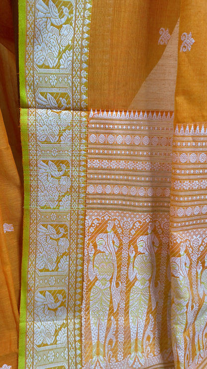 Orange cotton baluchari saree, with woven motifs in the border & pallu in white and neon green. Bengal handloom ideal for festivals & everyday celebrations.