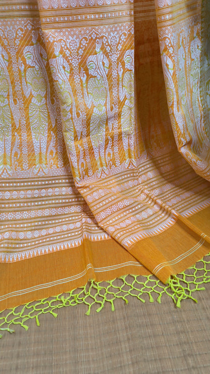 Orange cotton baluchari saree, with woven motifs in the border & pallu in white and neon green. Bengal handloom ideal for festivals & everyday celebrations.