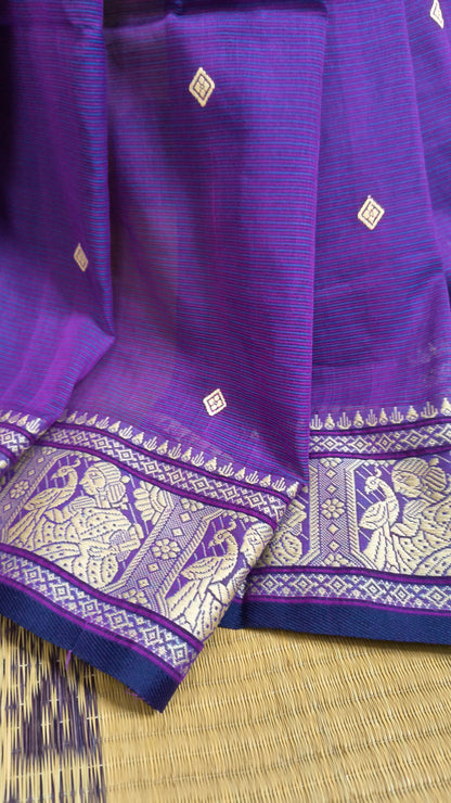 Purple cotton baluchari saree, with woven motifs in the border & pallu in beige. Bengal handloom ideal for festivals & everyday celebrations.