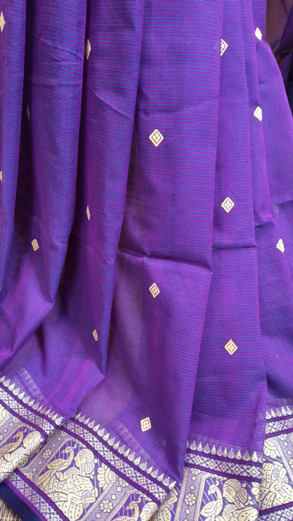 Purple cotton baluchari saree, with woven motifs in the border & pallu in beige. Bengal handloom ideal for festivals & everyday celebrations.
