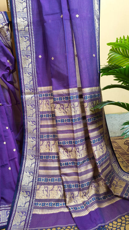 Purple cotton baluchari saree, with woven motifs in the border & pallu in beige. Bengal handloom ideal for festivals & everyday celebrations.