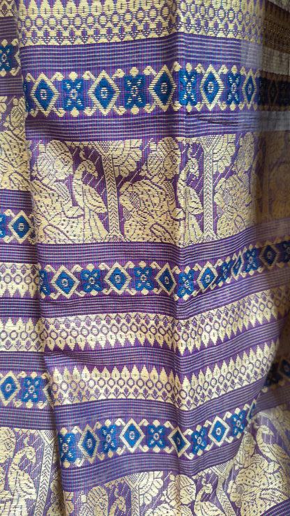 Purple cotton baluchari saree, with woven motifs in the border & pallu in beige. Bengal handloom ideal for festivals & everyday celebrations.