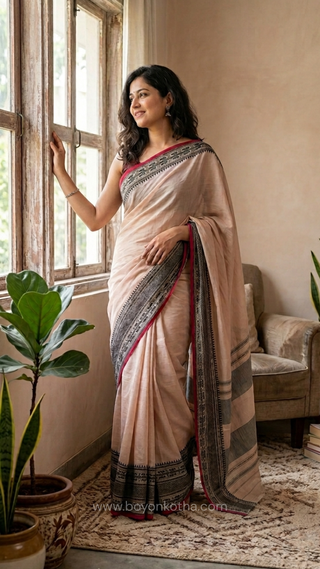 Beige or off-white Dhonekhali Saree, handloom cotton saree from Bengal with black fish motifs.