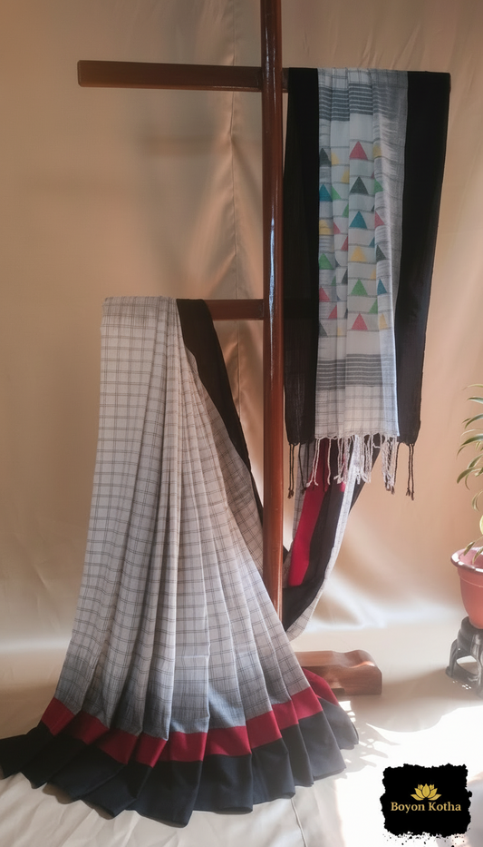 White Loomscape – White Handwoven Mercerized Cotton Saree with Woven Black Checks